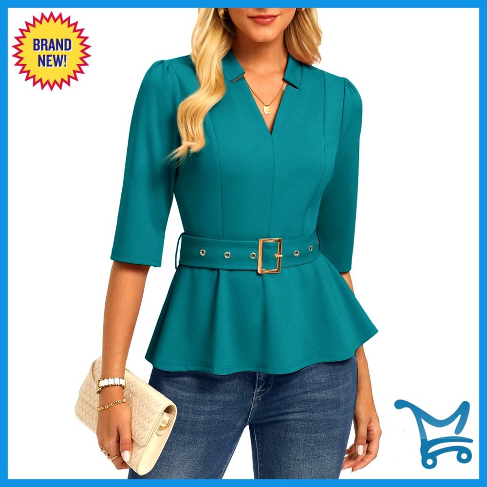 V-Neck Half Sleeve Peplum Blouse With Belt, Slim Fit Polyester